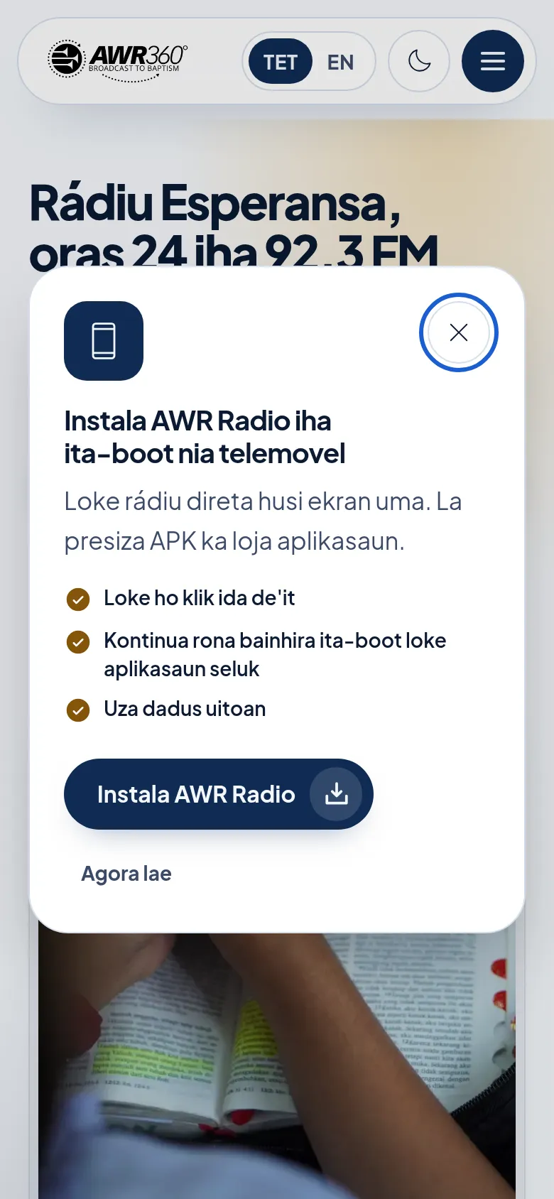 Screenshot of awrtimorleste.org on a phone: a prompt to install AWR Radio on the home screen, taken 3 October 2026